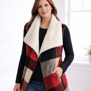 Vest jacket Red and Black Plaid with Cream Collar